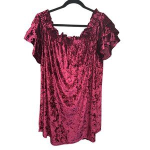 Umgee Burgundy Velvet Top 2XL Short Ruffled Flare Sleeve Crushed Off Shoulder